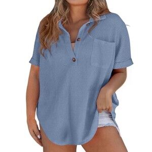 NWOT Eytino Waffle Knit Tops Henley Shirt Short Sleeve V Neck Women Plus Size 4X